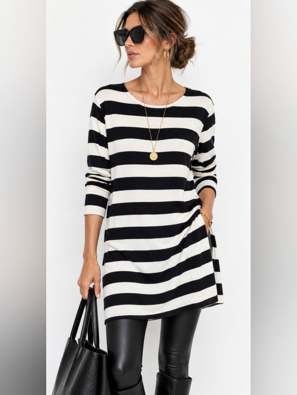 Kule Modern Stripe Mini Dress Black And Ivory Relaxed Minimalist Style Long Slee
